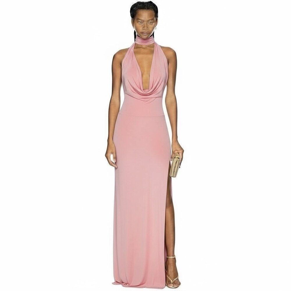 New Aya Muse Edo Halterneck Draped Maxi Dress XXS Light Pink